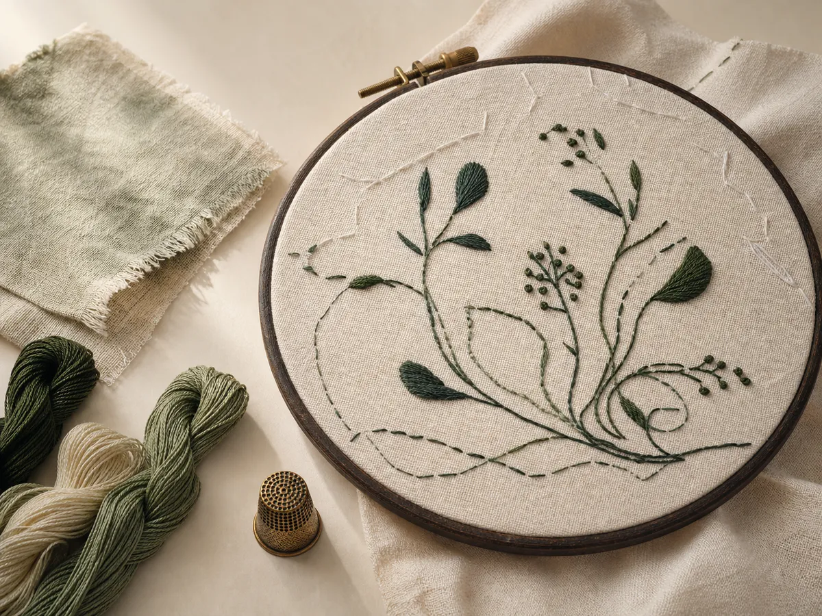 刺繍枠にかかったボタニカル刺繍